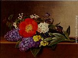 Lilacs, Violets, Pansies, Hawthorn Cuttings, And Peonies On A Marble Ledge by Johan Laurentz Jensen